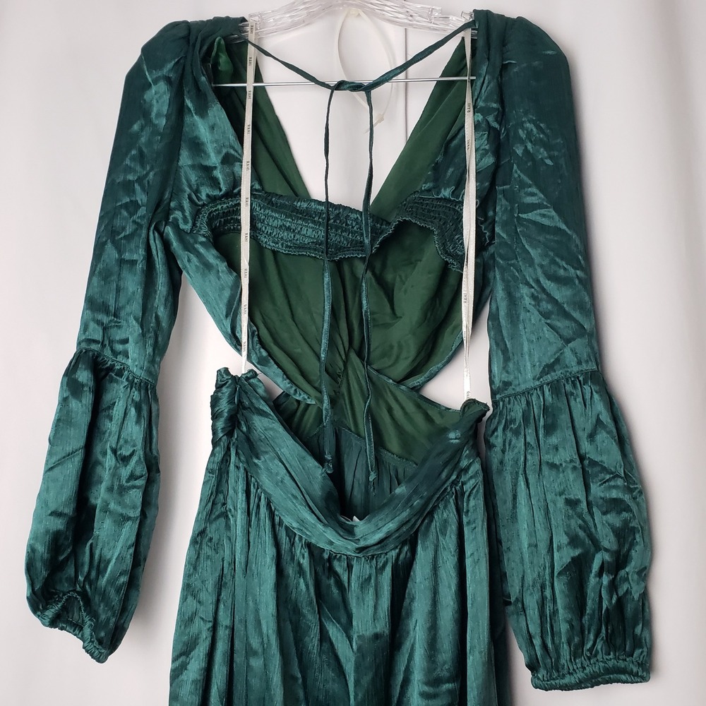 Rahi XS Emerald Green Crinkle Satin Cutout Maxi Dress Puff Sleeve ~No Broche - Picture 6 of 8